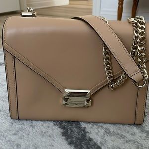 Michael Kors Whitney leather shoulder/cross body structured bag in camel color